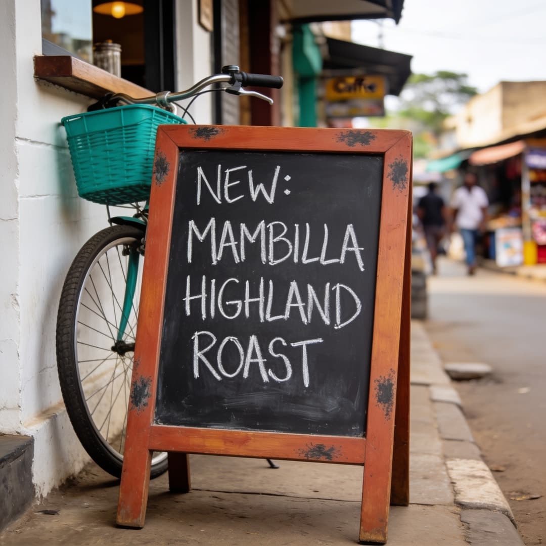 A chalkboard A-frame reading "NEW: MAMBILLA HIGHLAND ROAST" outside a cafe, a green bicycle with a basket leaning beside it and a busy Lagos street behind.