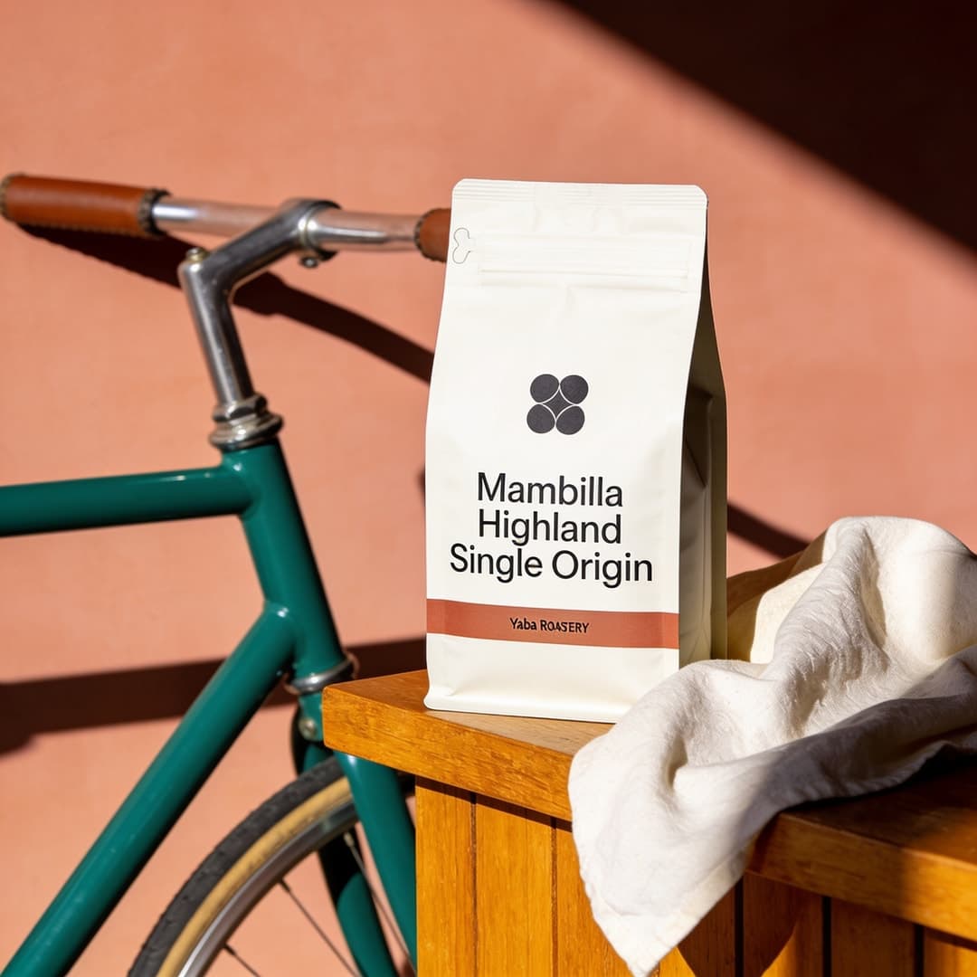 A cream coffee bag labelled "Mambilla Highland Single Origin" standing on a wooden counter beside a green bicycle, against a terracotta wall in soft morning light.