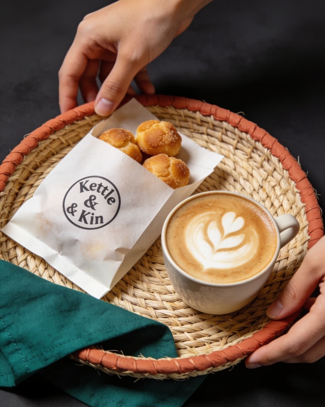 Top-down view of a cappuccino with latte art and a paper bag of puff puff on a woven raffia tray, two hands setting it down over a green cloth.