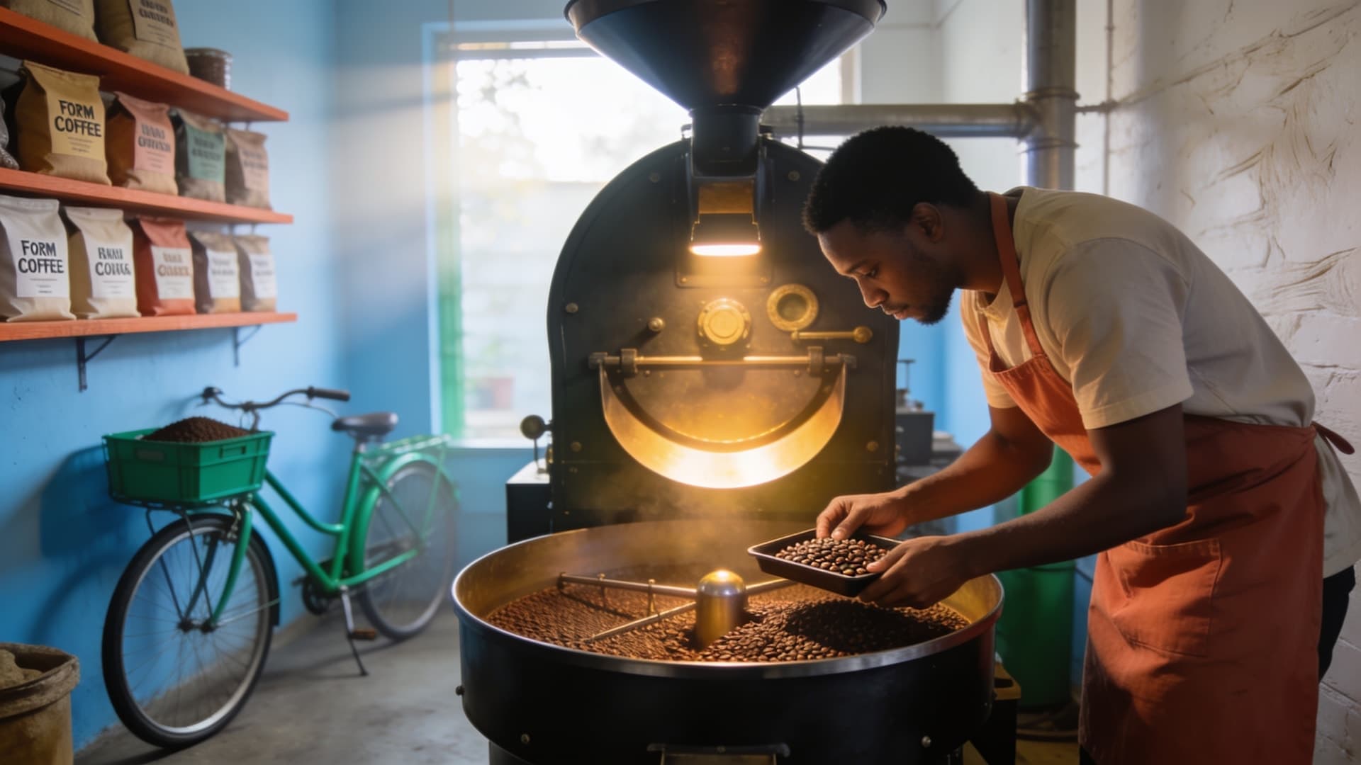 A roaster in an orange apron checks beans in the tray of a glowing drum roaster in a blue-walled room, shelves of coffee bags and a green bicycle behind them.