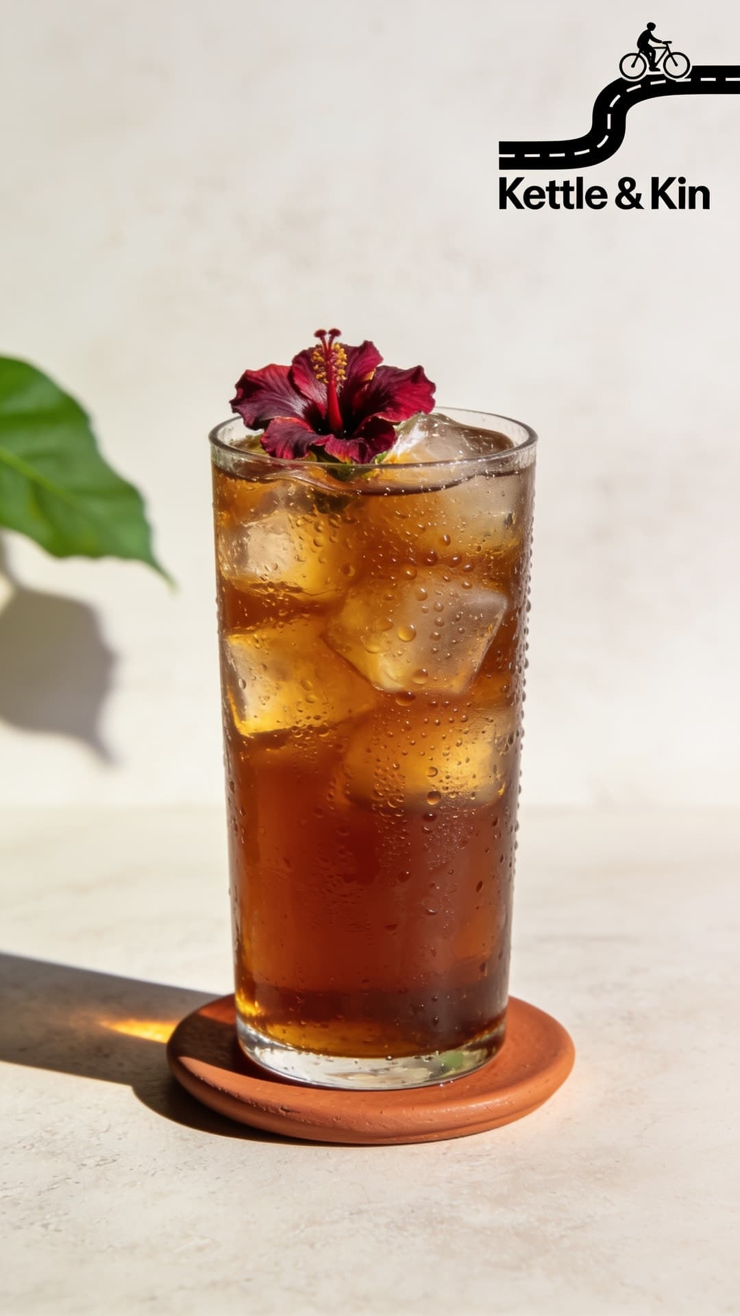 A tall glass of deep red zobo over ice, a hibiscus flower on top and condensation on the glass, on a terracotta coaster against a pale wall.