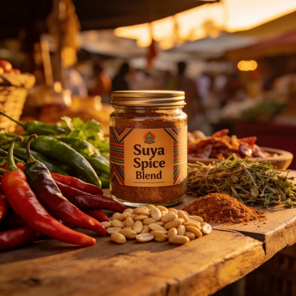 A generated launch image: a jar labelled Suya Spice Blend on a market table at dusk among red chillies, groundnuts and spices, market stalls glowing behind